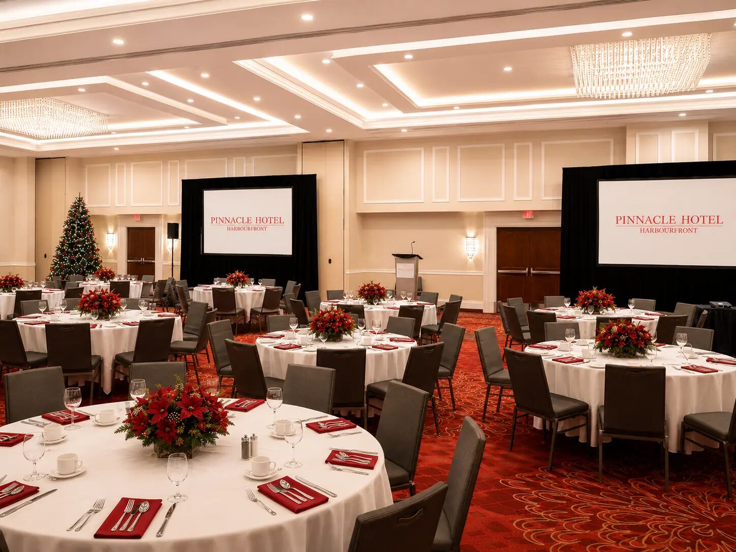 Ballroom set with round banquet tables for a corporate event at Pinnacle Hotel Harbourfront