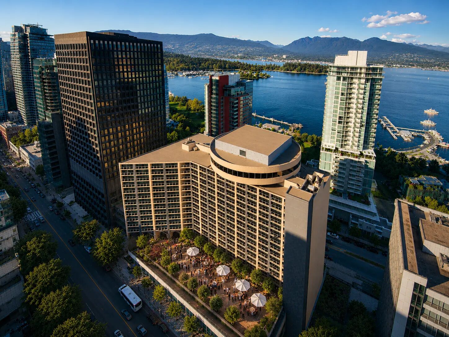 Aerial view of Pinnacle Hotel Harbourfront on Vancouver's downtown waterfront