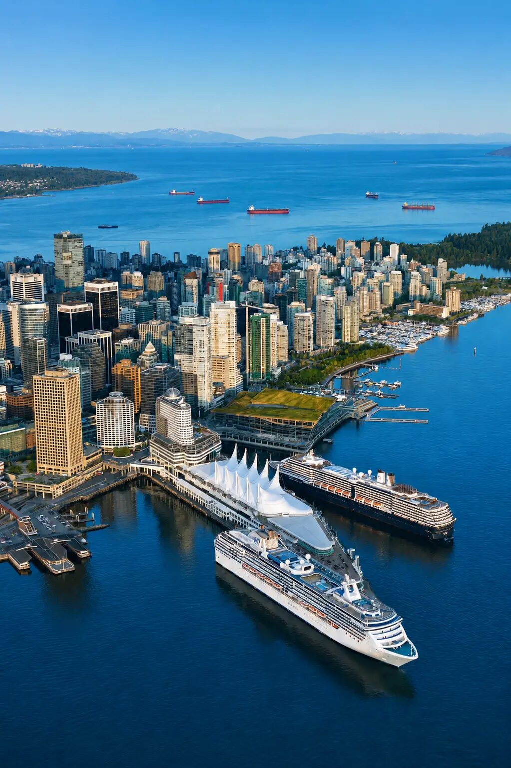 Coal Harbour marina and North Shore mountains in downtown Vancouver