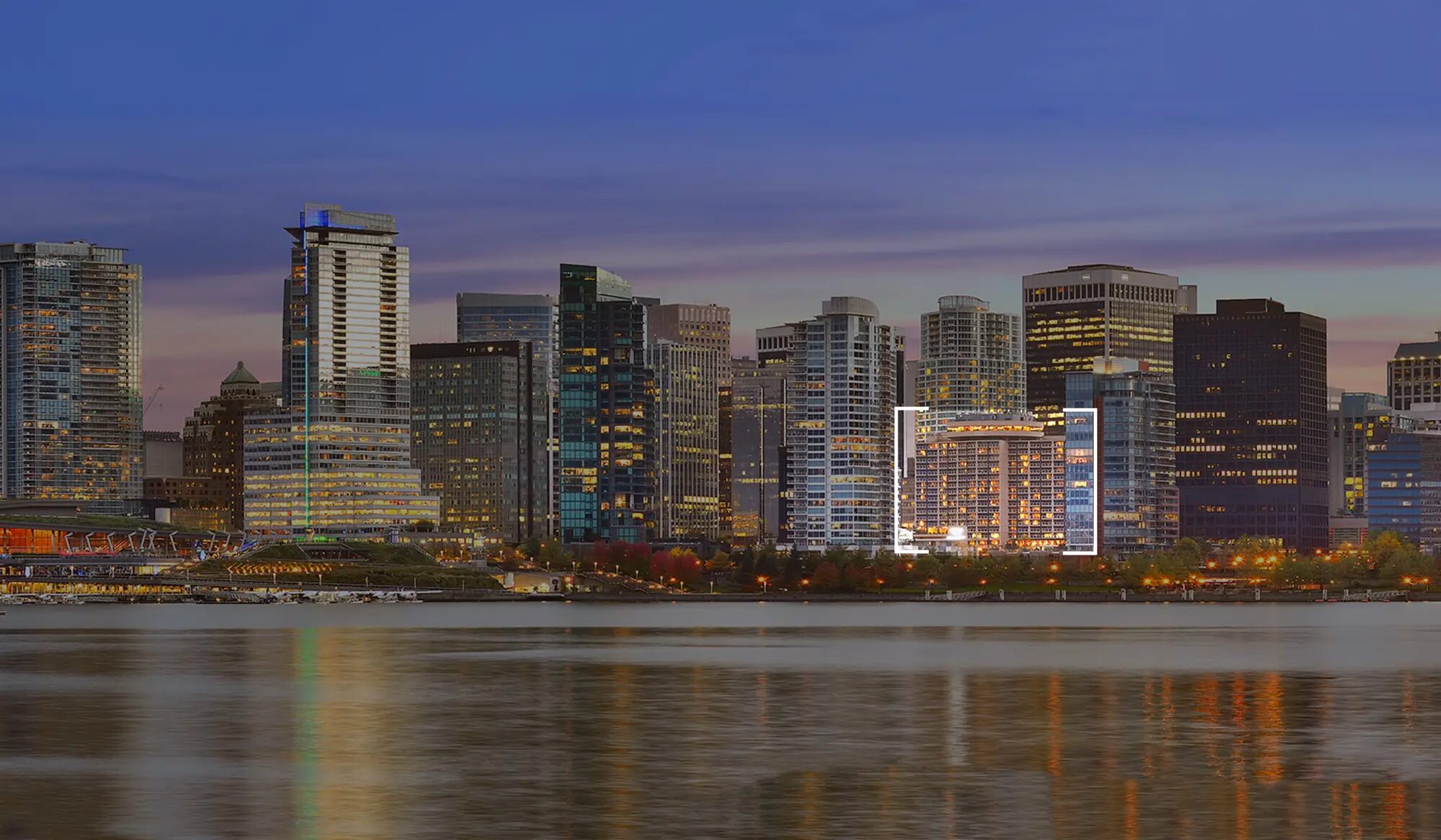 Downtown Vancouver and Coal Harbour skyline from Pinnacle Hotel Harbourfront