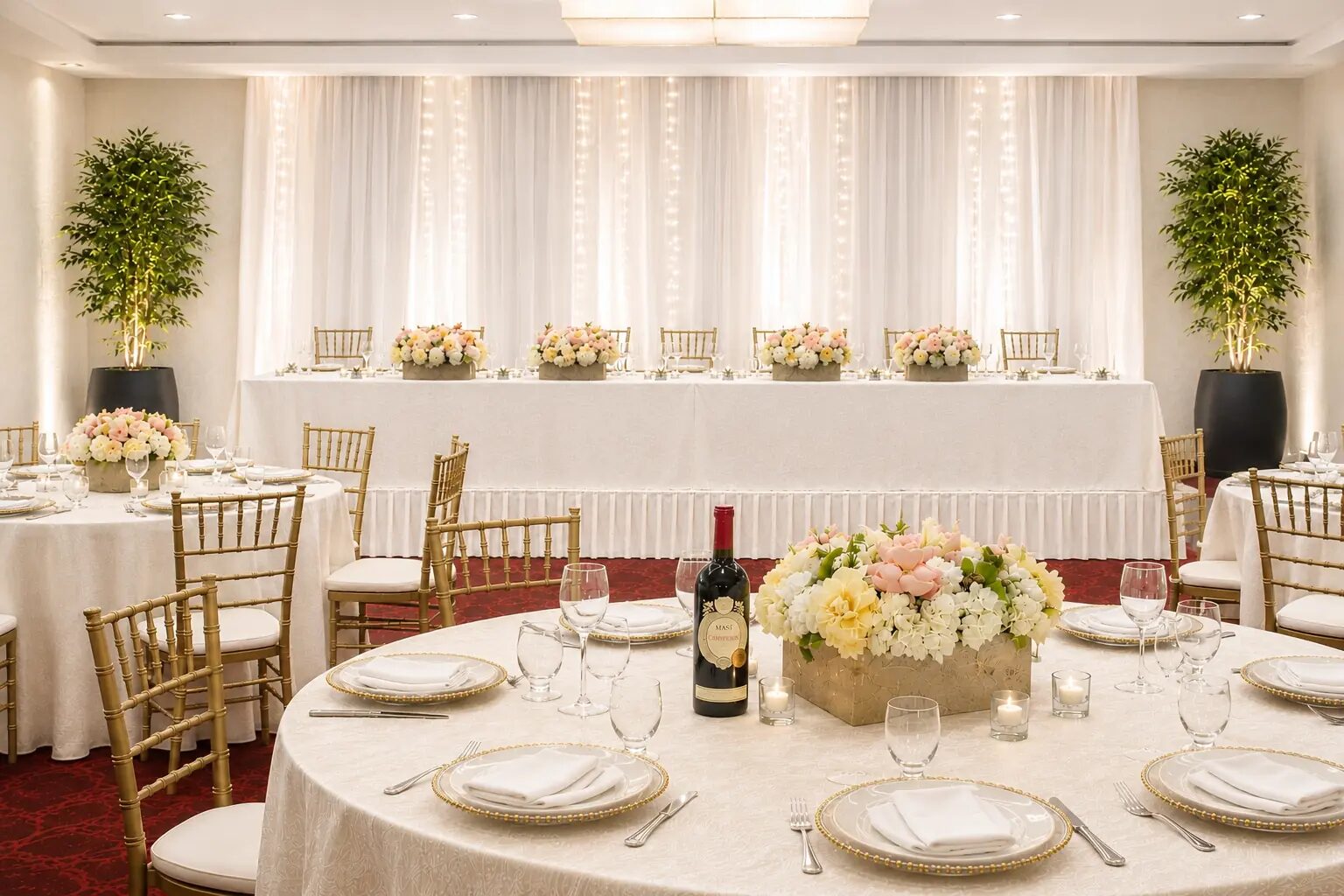 Wedding banquet table setting with head table backdrop